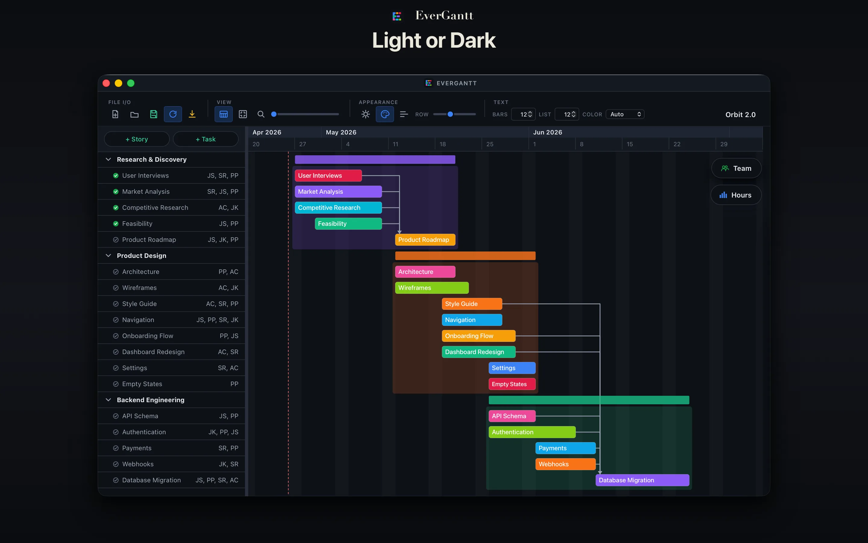 EverGantt rendered in dark mode showing the same project as the marquee