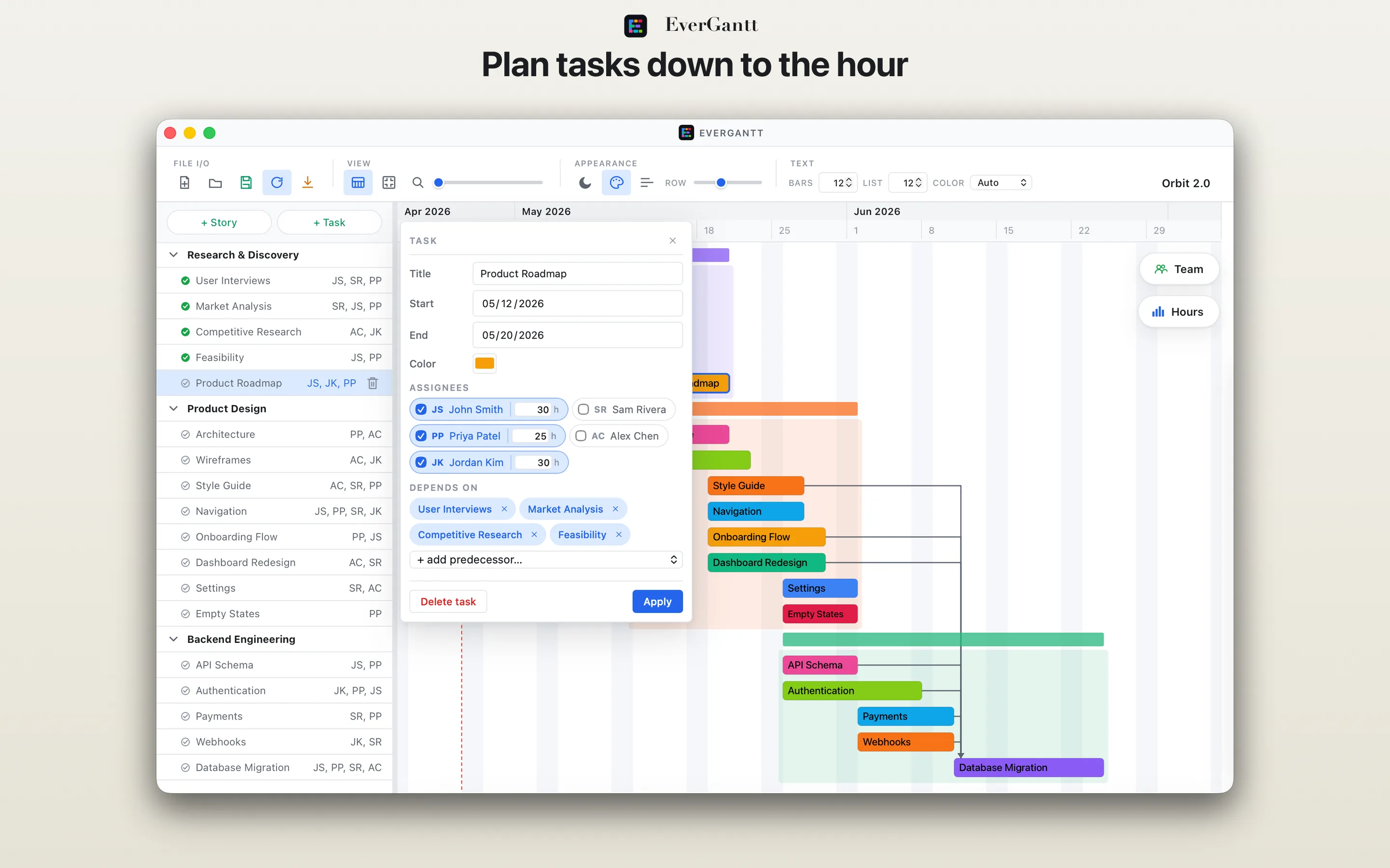 EverGantt task editor popover with multi-assignee selection and per-assignee hour fields